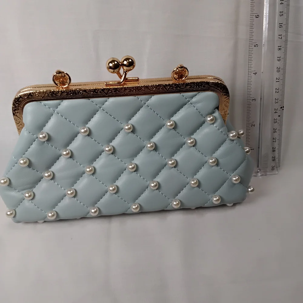 Chic Pearl-Embellished Light Blue Mini Bag - Picture 6 of 7
